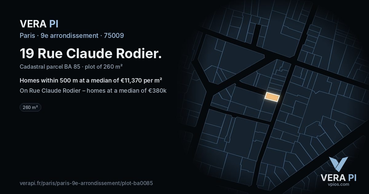19 Rue Claude Rodier, 9e arrondissement at night – the plot lit, the parcels around coloured by the prices near them
