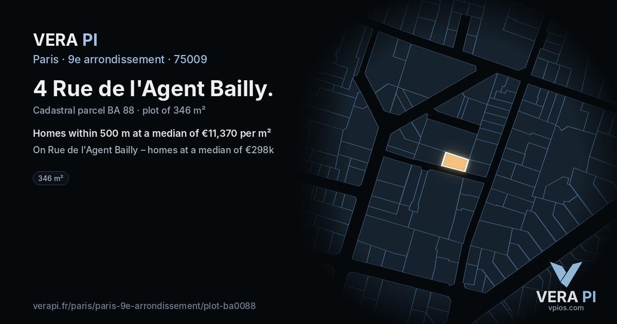 4 Rue de l'Agent Bailly, 9e arrondissement at night – the plot lit, the parcels around coloured by the prices near them