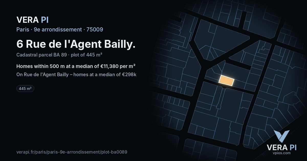 6 Rue de l'Agent Bailly, 9e arrondissement at night – the plot lit, the parcels around coloured by the prices near them