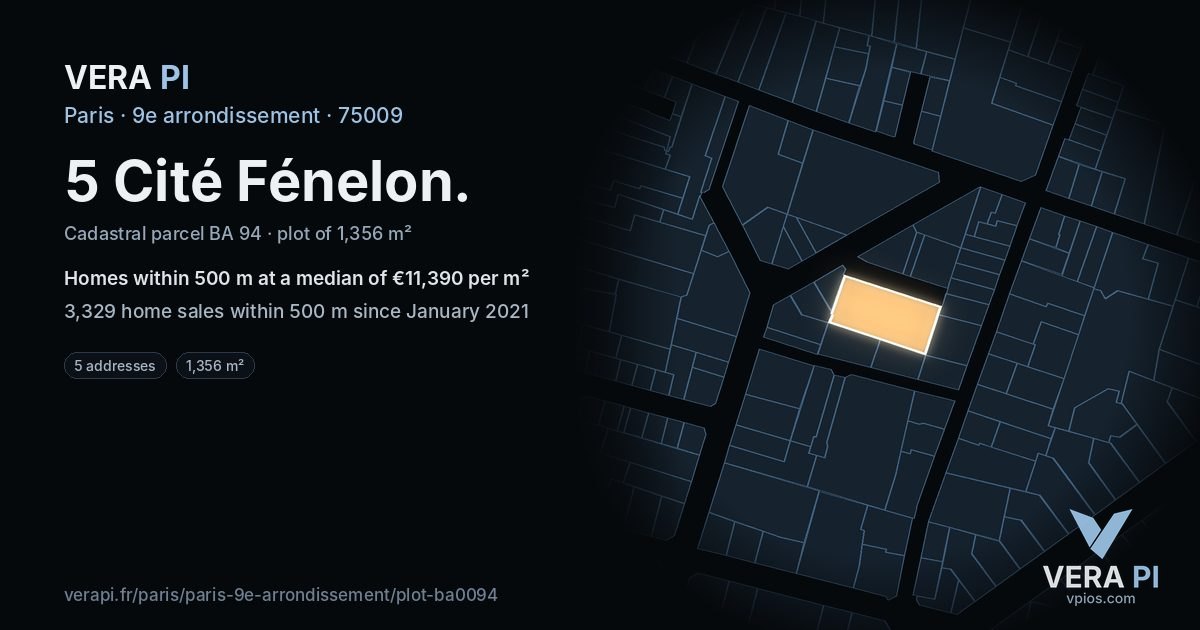 5 Cité Fénelon, 9e arrondissement at night – the plot lit, the parcels around coloured by the prices near them