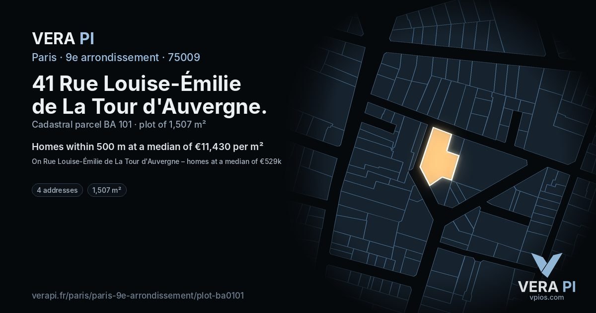 41 Rue Louise-Émilie de La Tour d'Auvergne, 9e arrondissement at night – the plot lit, the parcels around coloured by the prices near them