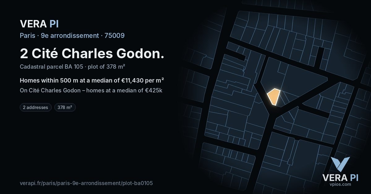 2 Cité Charles Godon, 9e arrondissement at night – the plot lit, the parcels around coloured by the prices near them