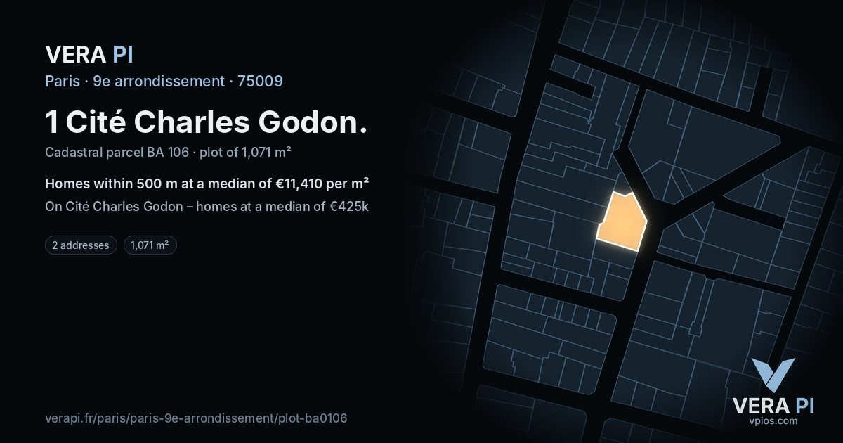 1 Cité Charles Godon, 9e arrondissement at night – the plot lit, the parcels around coloured by the prices near them