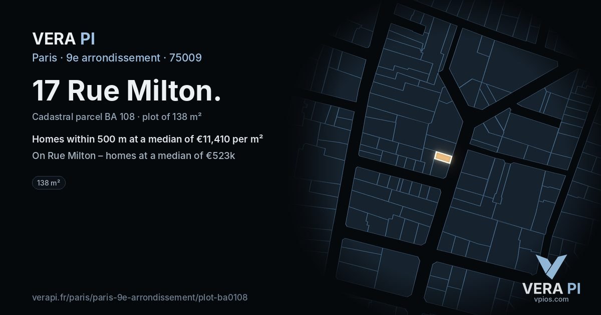 17 Rue Milton, 9e arrondissement at night – the plot lit, the parcels around coloured by the prices near them