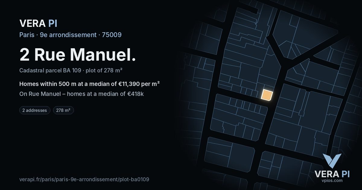 2 Rue Manuel, 9e arrondissement at night – the plot lit, the parcels around coloured by the prices near them
