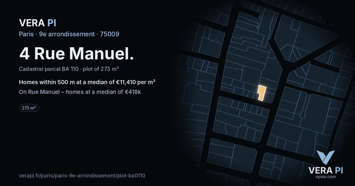 4 Rue Manuel, 9e arrondissement at night – the plot lit, the parcels around coloured by the prices near them