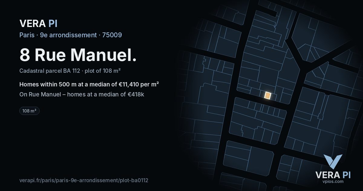 8 Rue Manuel, 9e arrondissement at night – the plot lit, the parcels around coloured by the prices near them