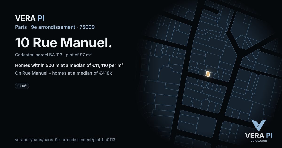 10 Rue Manuel, 9e arrondissement at night – the plot lit, the parcels around coloured by the prices near them
