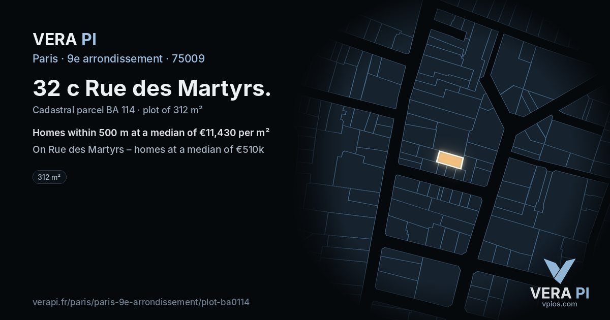32 c Rue des Martyrs, 9e arrondissement at night – the plot lit, the parcels around coloured by the prices near them