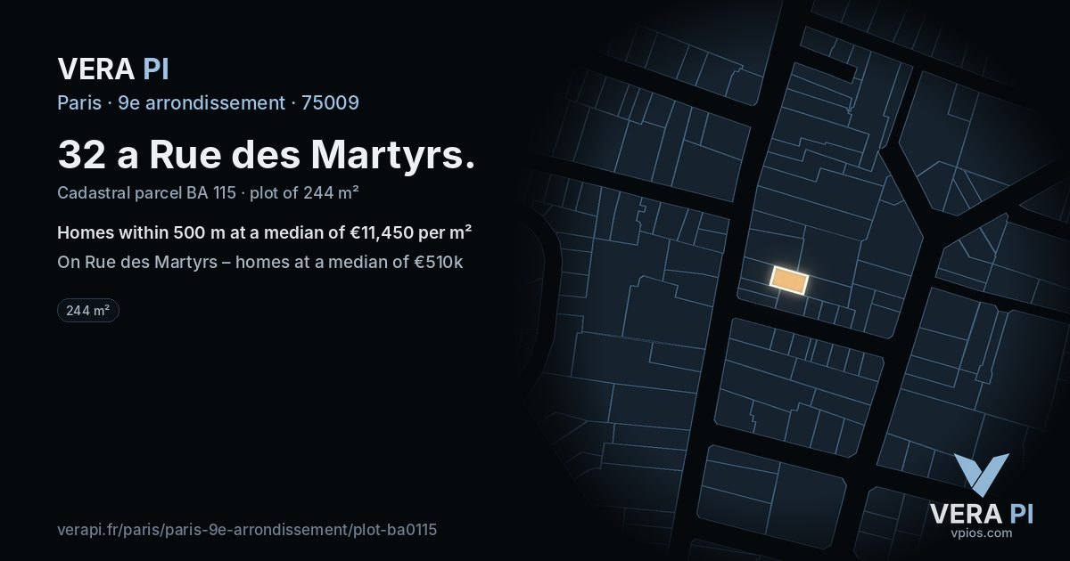 32 a Rue des Martyrs, 9e arrondissement at night – the plot lit, the parcels around coloured by the prices near them