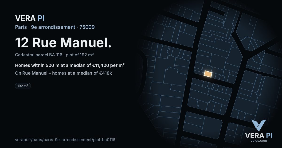 12 Rue Manuel, 9e arrondissement at night – the plot lit, the parcels around coloured by the prices near them