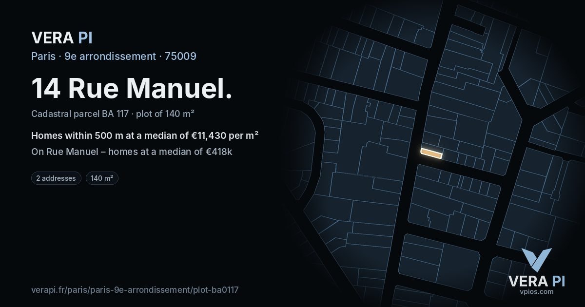14 Rue Manuel, 9e arrondissement at night – the plot lit, the parcels around coloured by the prices near them