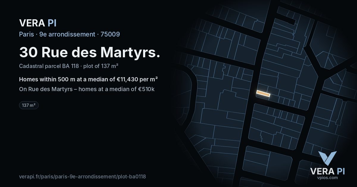 30 Rue des Martyrs, 9e arrondissement at night – the plot lit, the parcels around coloured by the prices near them