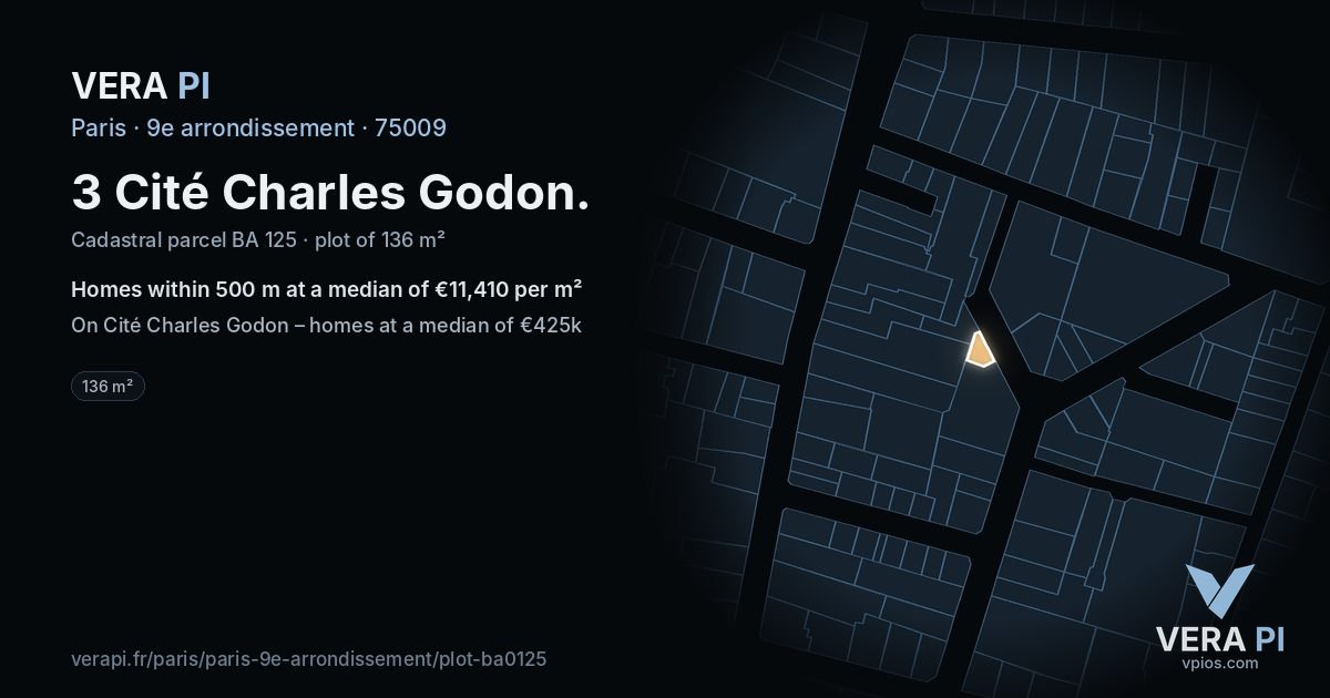 3 Cité Charles Godon, 9e arrondissement at night – the plot lit, the parcels around coloured by the prices near them