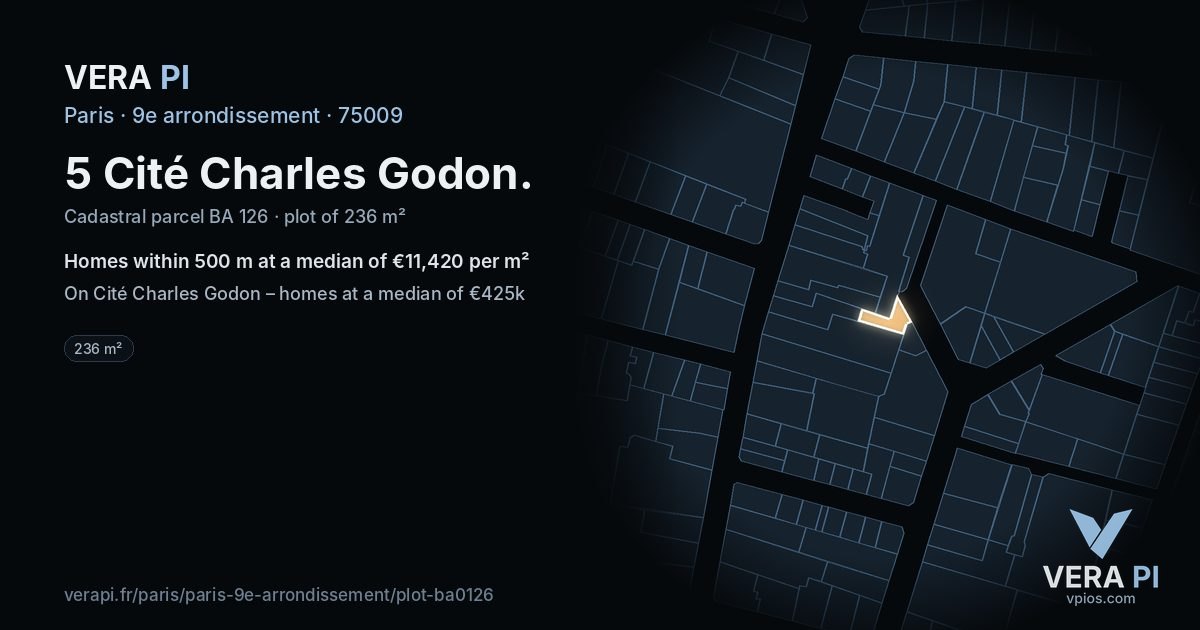 5 Cité Charles Godon, 9e arrondissement at night – the plot lit, the parcels around coloured by the prices near them