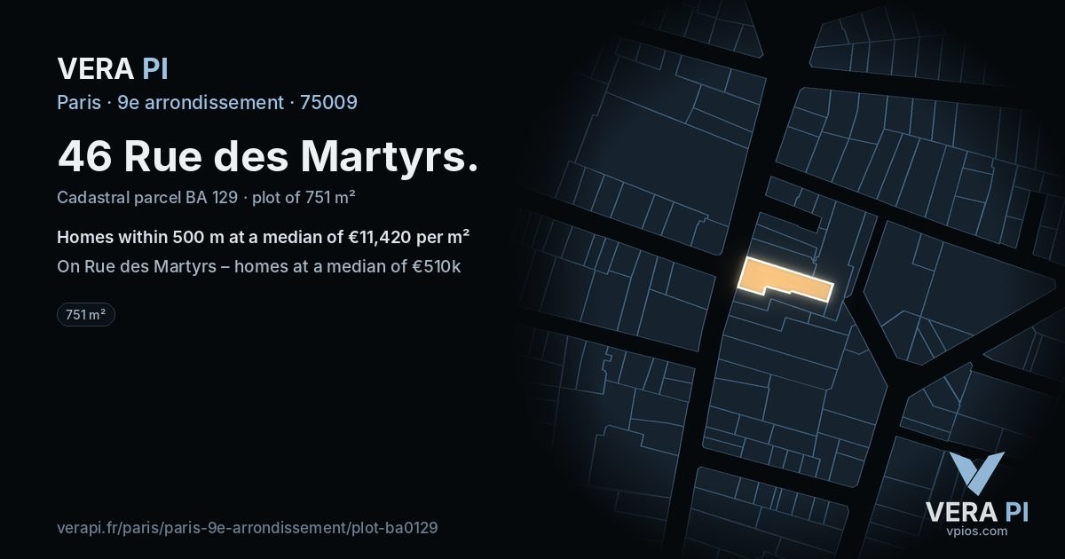 46 Rue des Martyrs, 9e arrondissement at night – the plot lit, the parcels around coloured by the prices near them