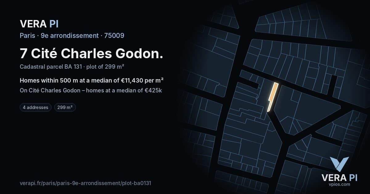 7 Cité Charles Godon, 9e arrondissement at night – the plot lit, the parcels around coloured by the prices near them