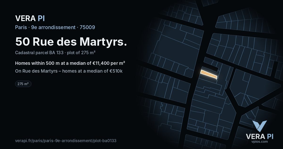 50 Rue des Martyrs, 9e arrondissement at night – the plot lit, the parcels around coloured by the prices near them