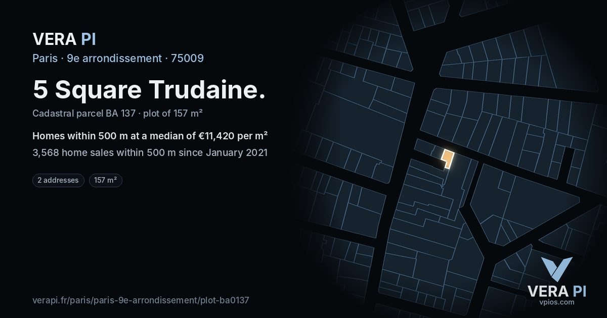 5 Square Trudaine, 9e arrondissement at night – the plot lit, the parcels around coloured by the prices near them