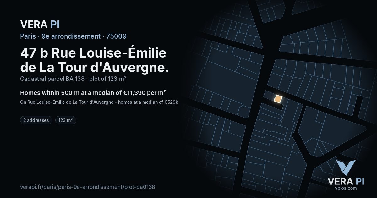 47 b Rue Louise-Émilie de La Tour d'Auvergne, 9e arrondissement at night – the plot lit, the parcels around coloured by the prices near them