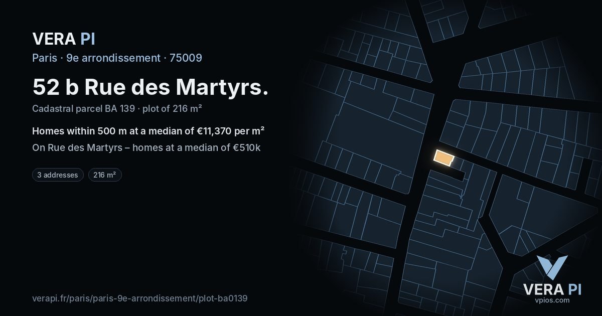 52 b Rue des Martyrs, 9e arrondissement at night – the plot lit, the parcels around coloured by the prices near them