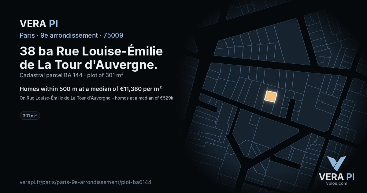 38 ba Rue Louise-Émilie de La Tour d'Auvergne, 9e arrondissement at night – the plot lit, the parcels around coloured by the prices near them