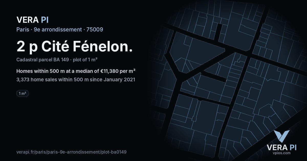 2 p Cité Fénelon, 9e arrondissement at night – the plot lit, the parcels around coloured by the prices near them