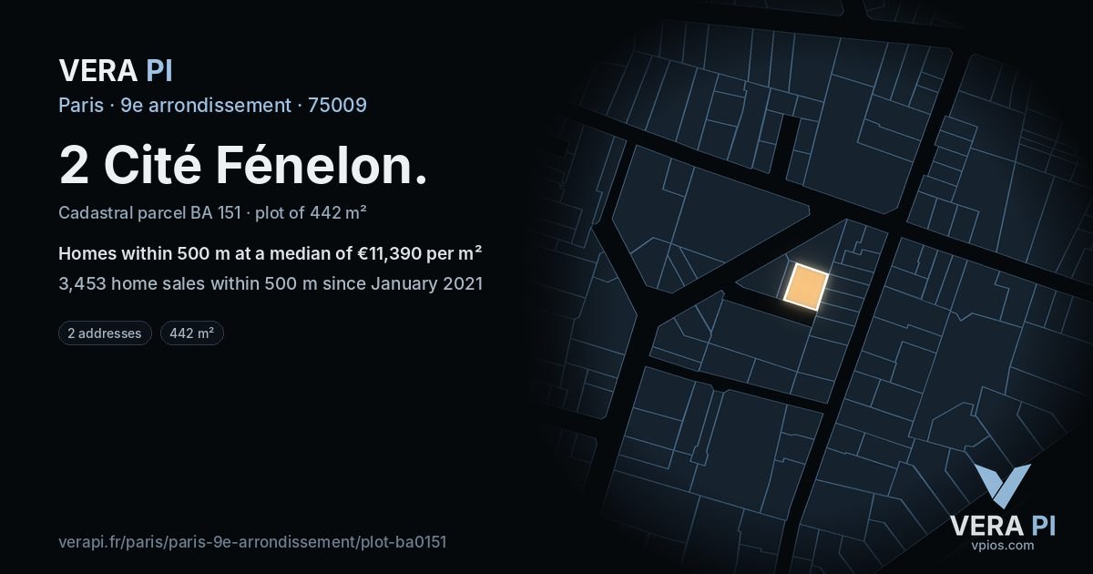 2 Cité Fénelon, 9e arrondissement at night – the plot lit, the parcels around coloured by the prices near them