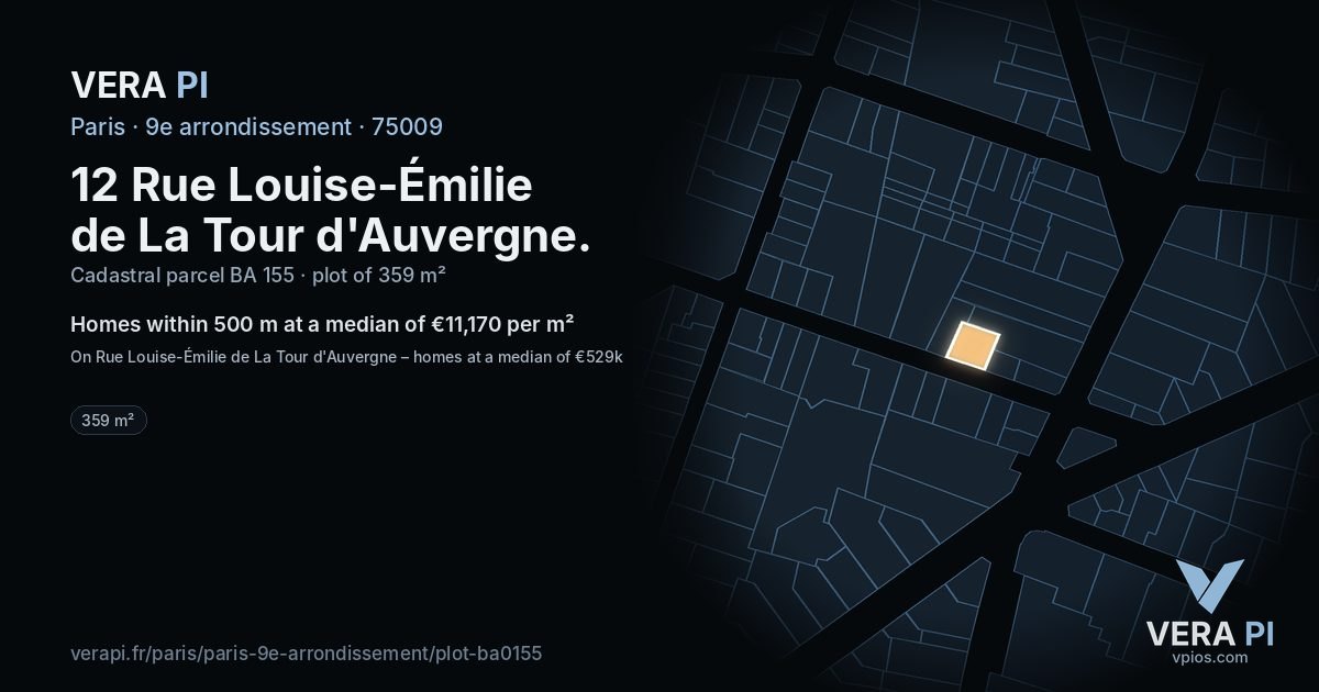 12 Rue Louise-Émilie de La Tour d'Auvergne, 9e arrondissement at night – the plot lit, the parcels around coloured by the prices near them