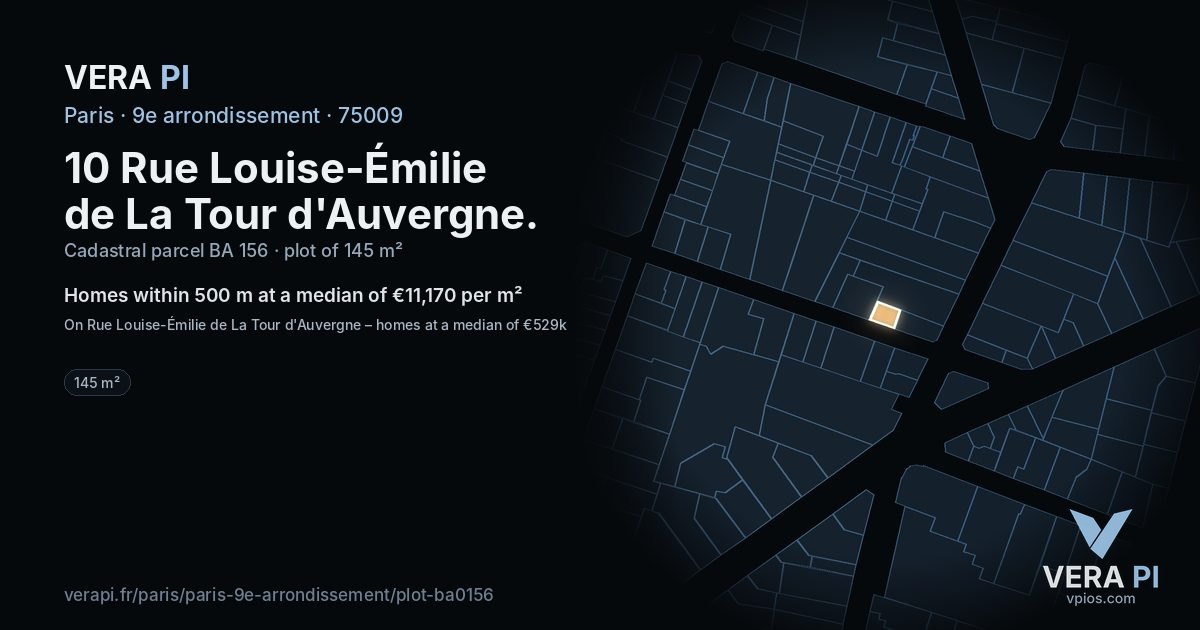 10 Rue Louise-Émilie de La Tour d'Auvergne, 9e arrondissement at night – the plot lit, the parcels around coloured by the prices near them