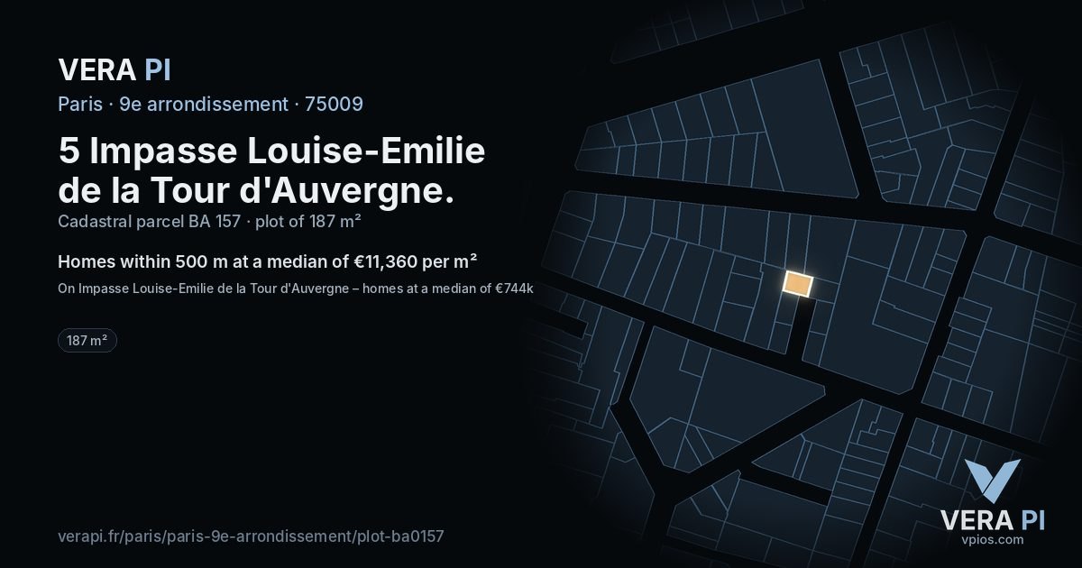 5 Impasse Louise-Emilie de la Tour d'Auvergne, 9e arrondissement at night – the plot lit, the parcels around coloured by the prices near them