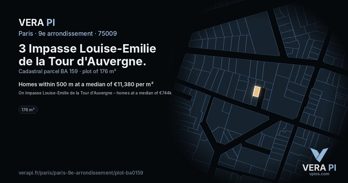 3 Impasse Louise-Emilie de la Tour d'Auvergne, 9e arrondissement at night – the plot lit, the parcels around coloured by the prices near them