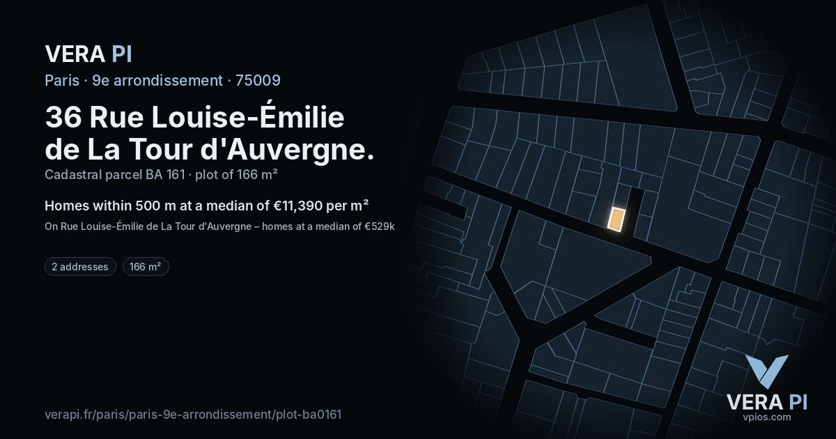 36 Rue Louise-Émilie de La Tour d'Auvergne, 9e arrondissement at night – the plot lit, the parcels around coloured by the prices near them