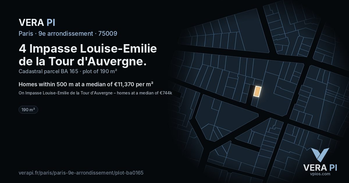 4 Impasse Louise-Emilie de la Tour d'Auvergne, 9e arrondissement at night – the plot lit, the parcels around coloured by the prices near them