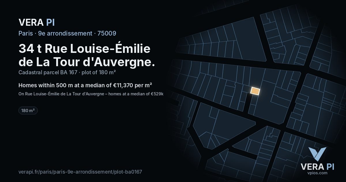 34 t Rue Louise-Émilie de La Tour d'Auvergne, 9e arrondissement at night – the plot lit, the parcels around coloured by the prices near them