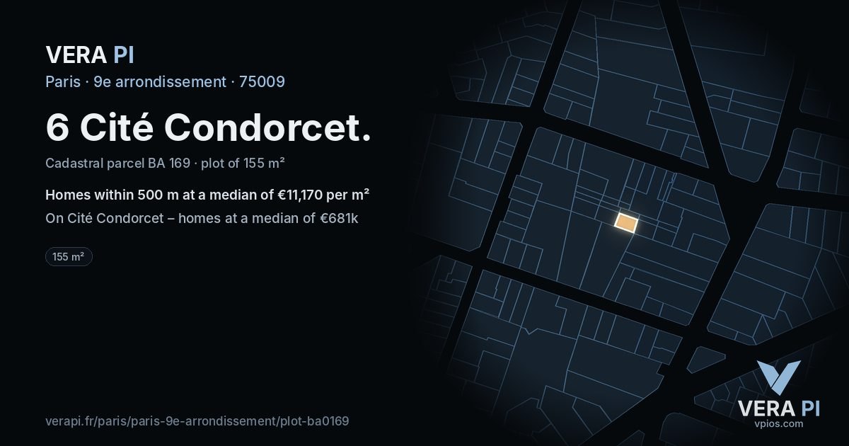 6 Cité Condorcet, 9e arrondissement at night – the plot lit, the parcels around coloured by the prices near them