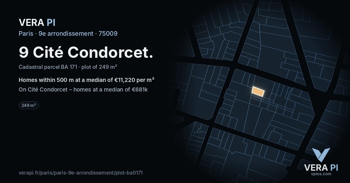 9 Cité Condorcet, 9e arrondissement at night – the plot lit, the parcels around coloured by the prices near them