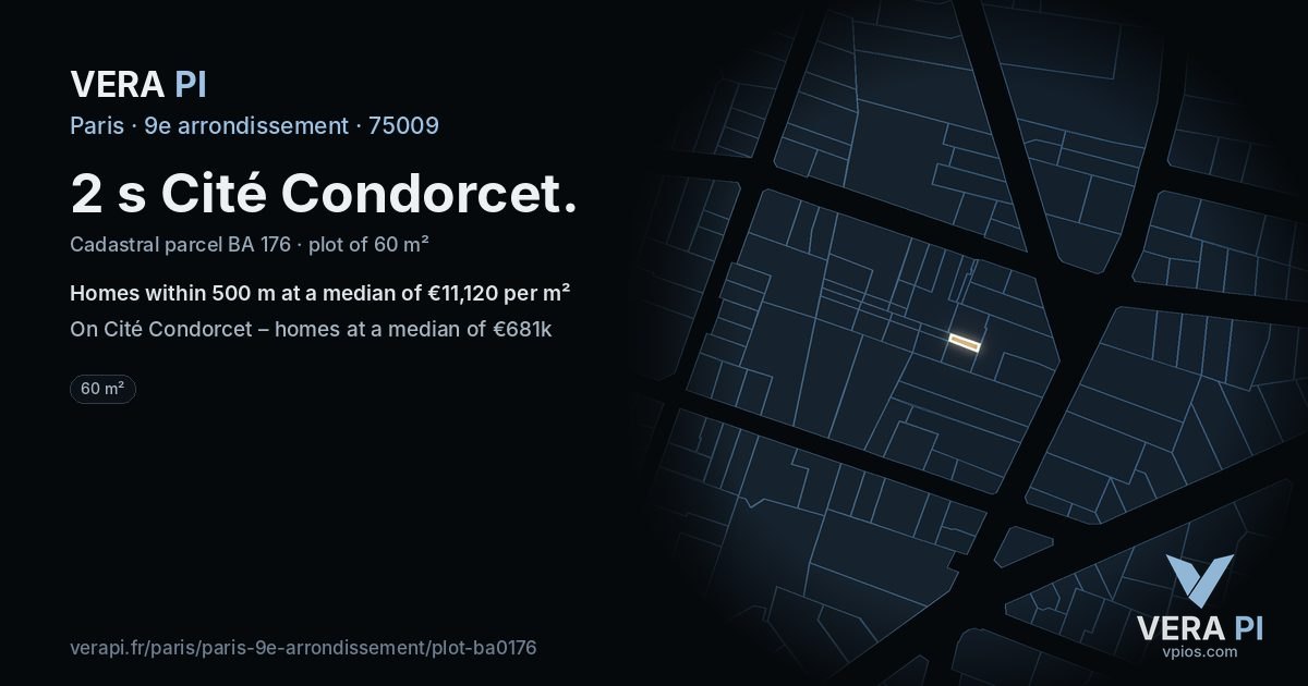 2 s Cité Condorcet, 9e arrondissement at night – the plot lit, the parcels around coloured by the prices near them