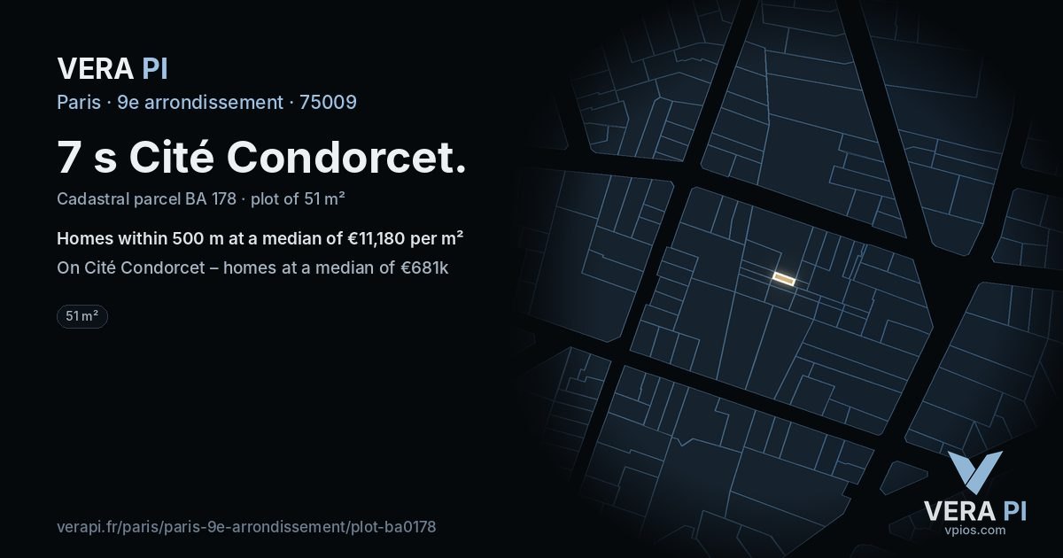 7 s Cité Condorcet, 9e arrondissement at night – the plot lit, the parcels around coloured by the prices near them