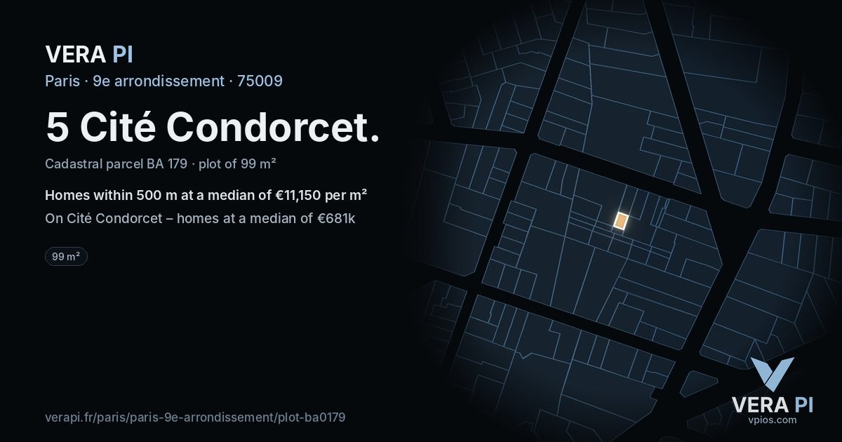 5 Cité Condorcet, 9e arrondissement at night – the plot lit, the parcels around coloured by the prices near them