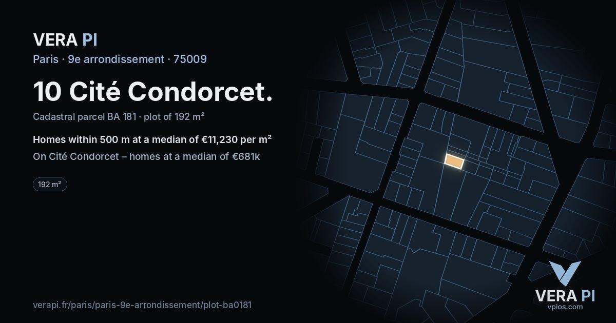 10 Cité Condorcet, 9e arrondissement at night – the plot lit, the parcels around coloured by the prices near them