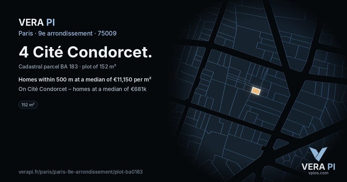 4 Cité Condorcet, 9e arrondissement at night – the plot lit, the parcels around coloured by the prices near them