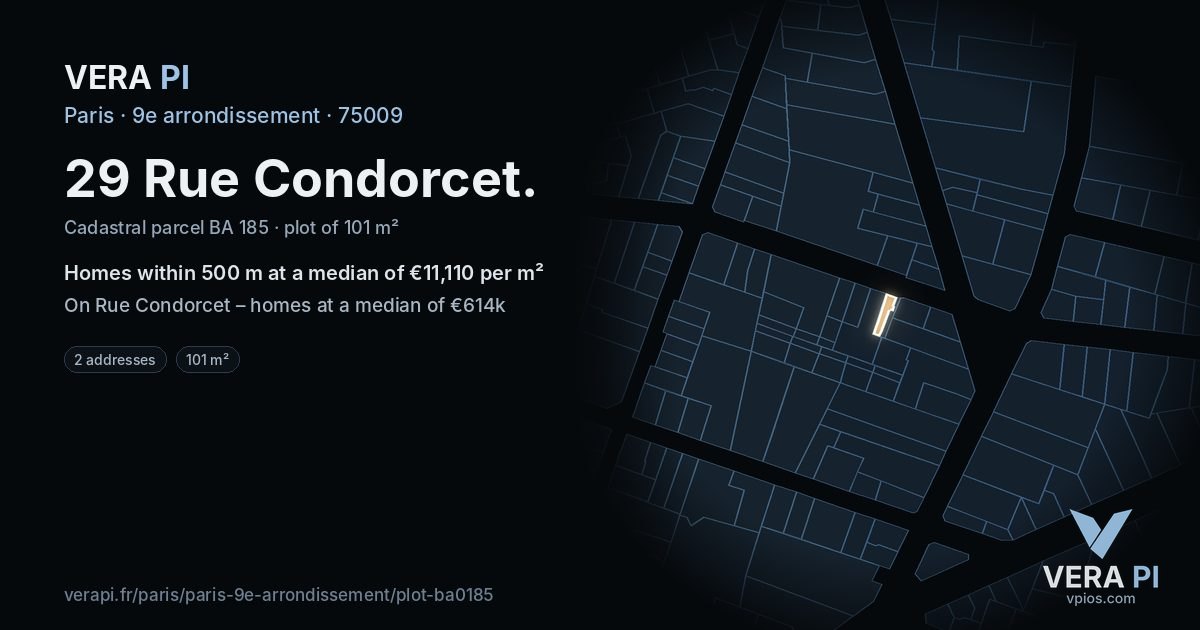 29 Rue Condorcet, 9e arrondissement at night – the plot lit, the parcels around coloured by the prices near them