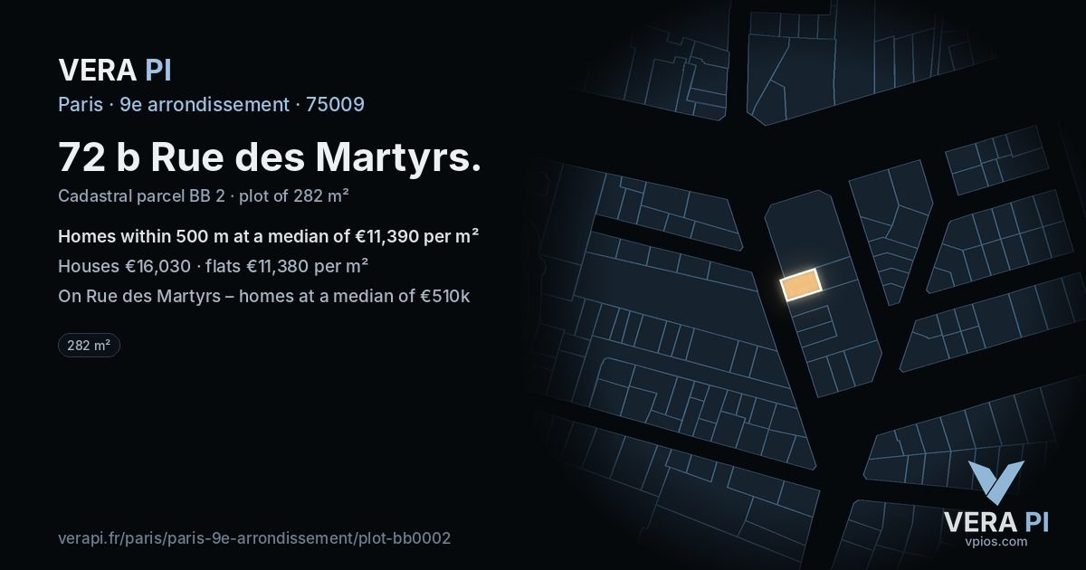 72 b Rue des Martyrs, 9e arrondissement at night – the plot lit, the parcels around coloured by the prices near them