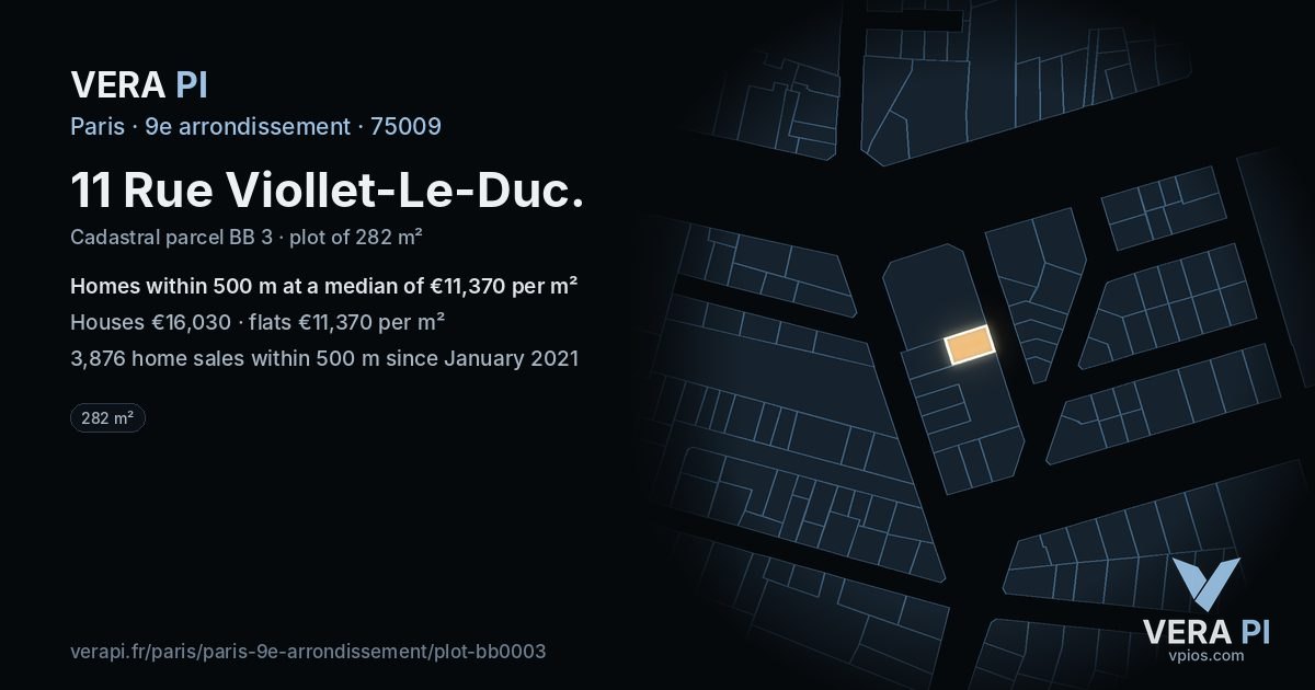 11 Rue Viollet-Le-Duc, 9e arrondissement at night – the plot lit, the parcels around coloured by the prices near them