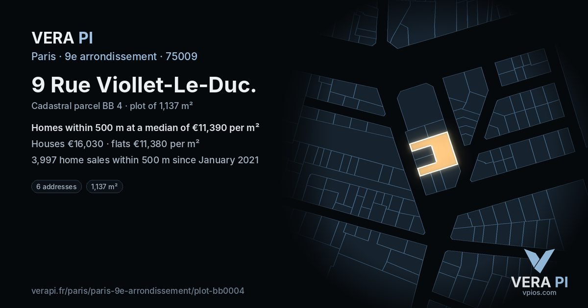 9 Rue Viollet-Le-Duc, 9e arrondissement at night – the plot lit, the parcels around coloured by the prices near them