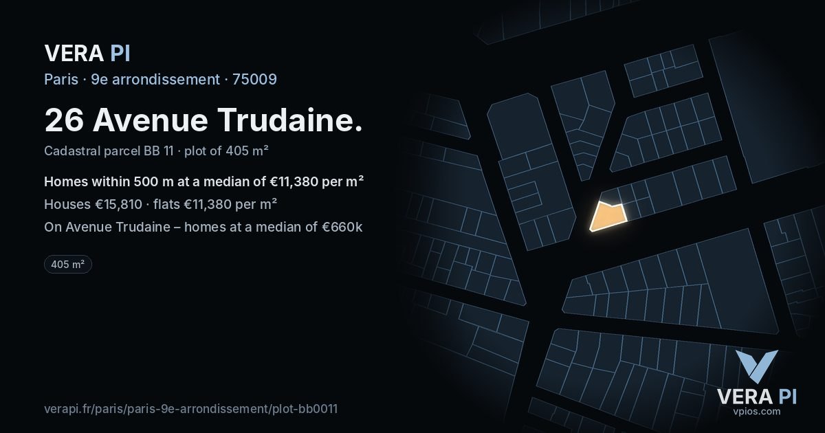 26 Avenue Trudaine, 9e arrondissement at night – the plot lit, the parcels around coloured by the prices near them