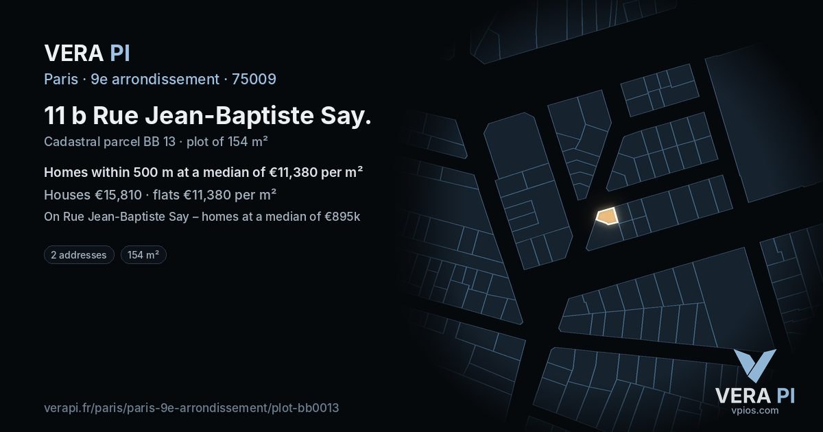 11 b Rue Jean-Baptiste Say, 9e arrondissement at night – the plot lit, the parcels around coloured by the prices near them