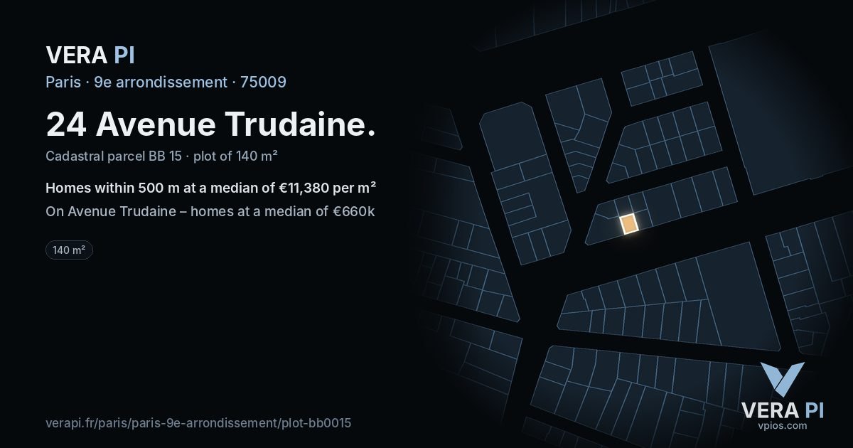 24 Avenue Trudaine, 9e arrondissement at night – the plot lit, the parcels around coloured by the prices near them