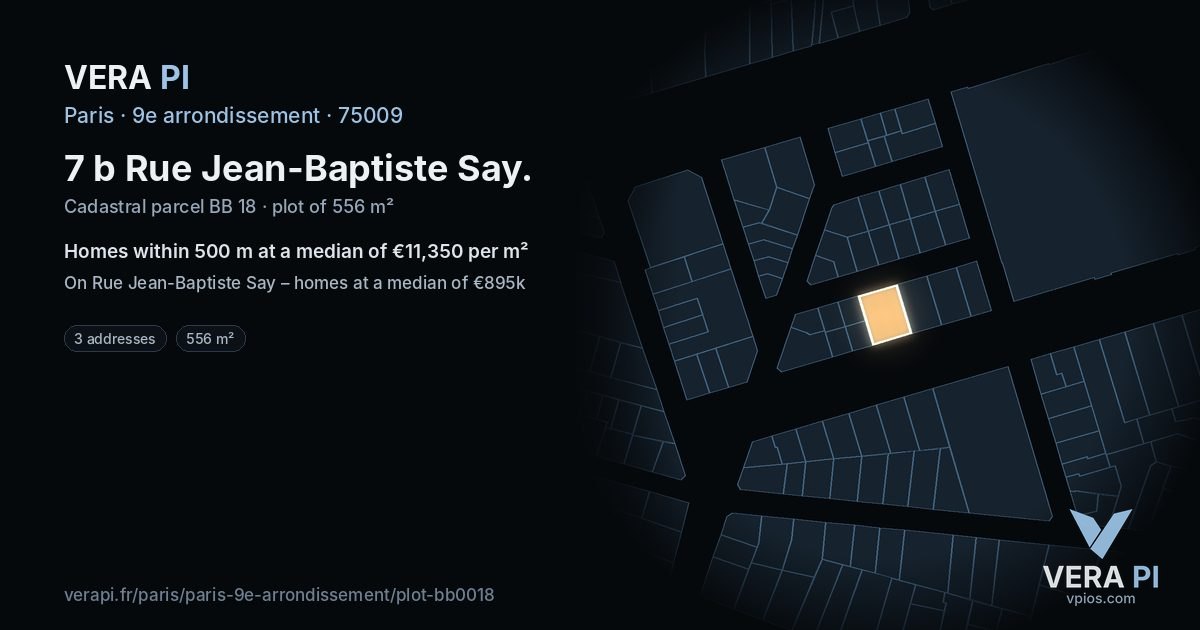 7 b Rue Jean-Baptiste Say, 9e arrondissement at night – the plot lit, the parcels around coloured by the prices near them